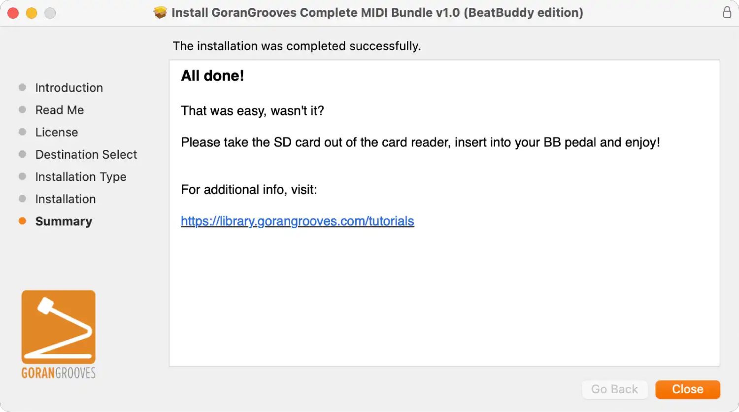 GoranGrooves Complete MIDI Bundle (BeatBuddy edition) installer for Mac displaying final summary.