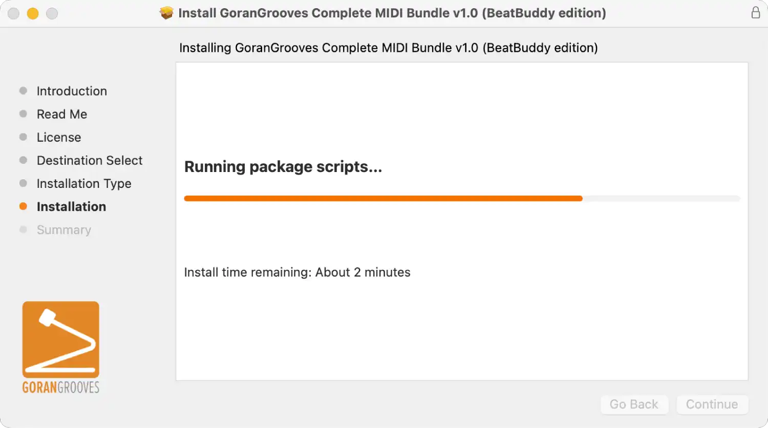 GoranGrooves Complete MIDI Bundle (BeatBuddy edition) installer for Mac displaying installation progress.