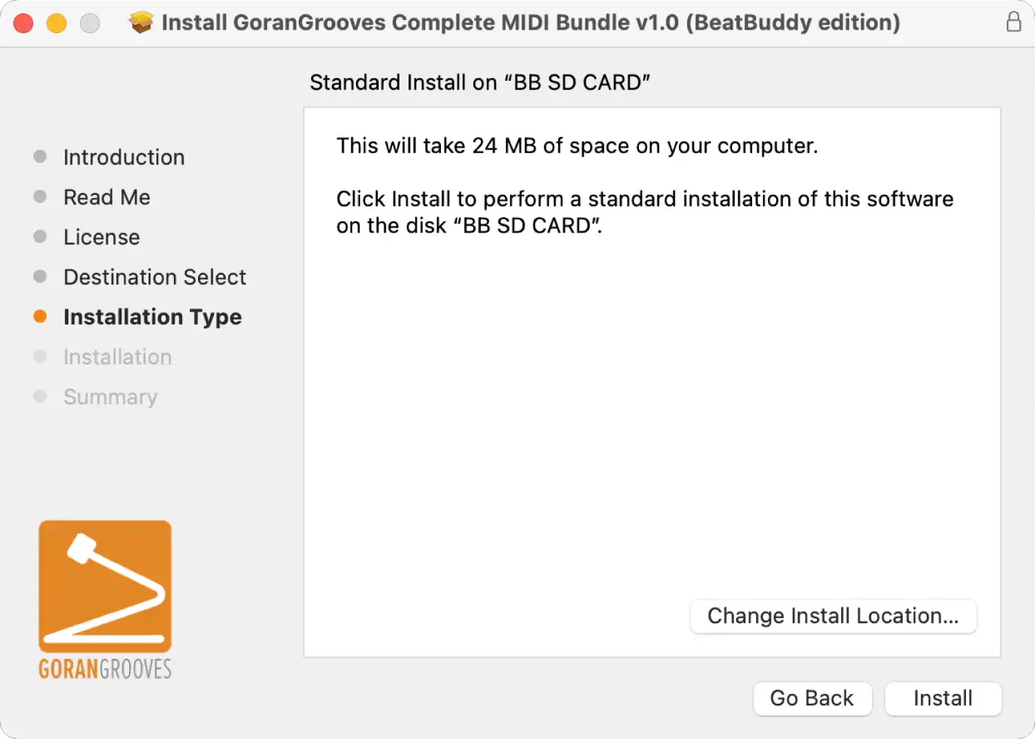 GoranGrooves Complete MIDI Bundle (BeatBuddy edition) installer for Mac displaying installation type summary.