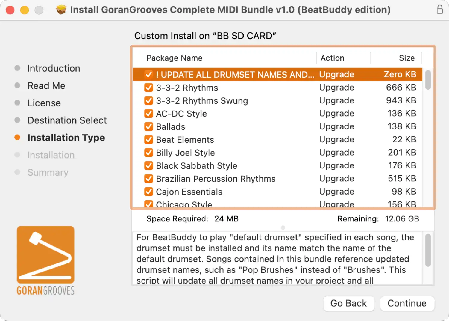 GoranGrooves Complete MIDI Bundle (BeatBuddy edition) installer for Mac displaying components selection of all MIDI packs included with choice to deselect any component.