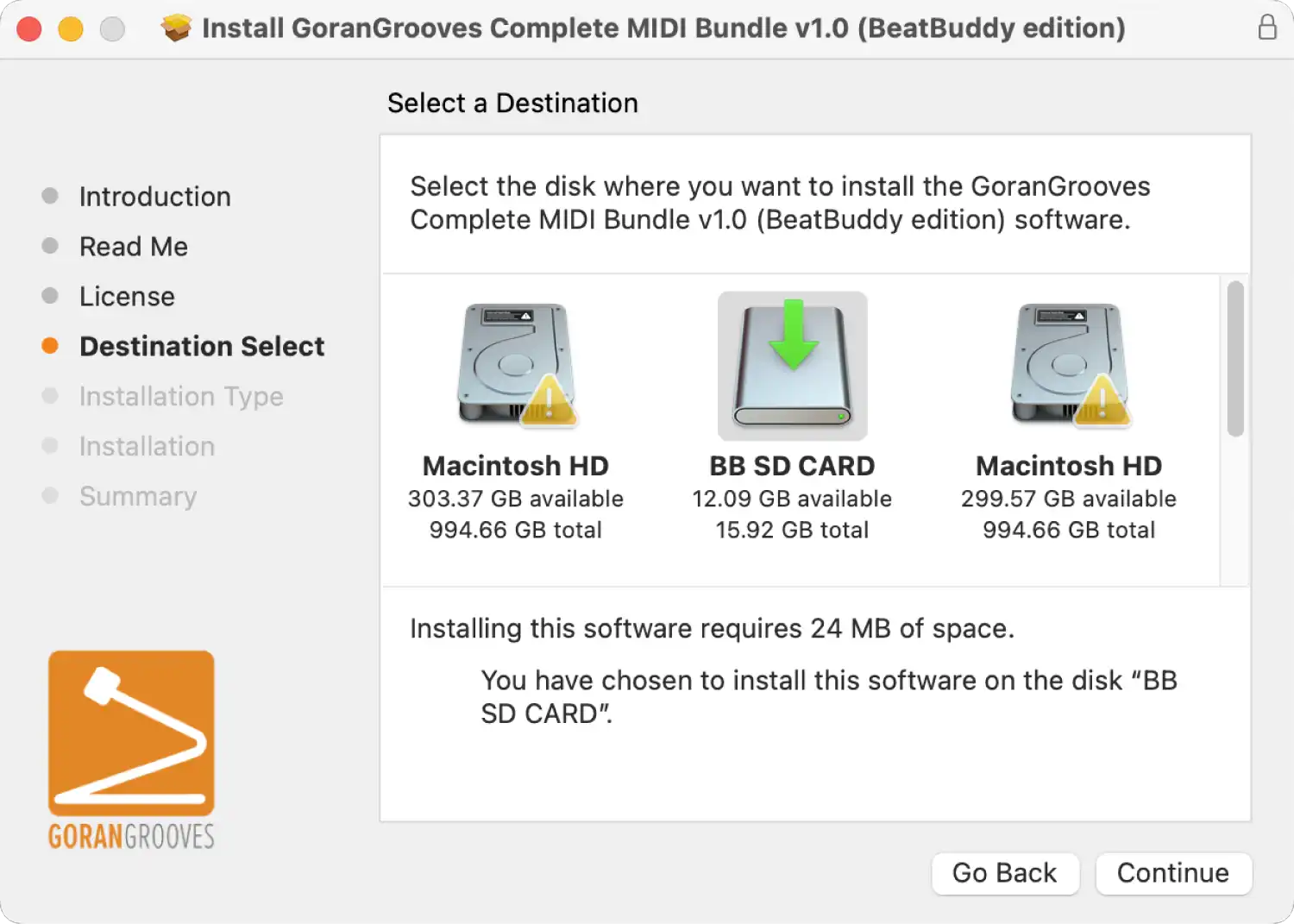 GoranGrooves Complete MIDI Bundle (BeatBuddy edition) installer for Mac displaying USB drive selection.