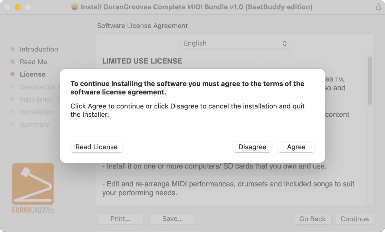 GoranGrooves Complete MIDI Bundle (BeatBuddy edition) installer for Mac displaying license agreement button prompts to agree.