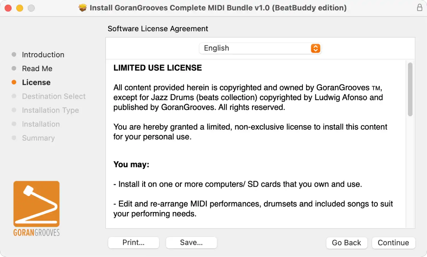 GoranGrooves Complete MIDI Bundle (BeatBuddy edition) installer for Mac displaying license agreement.