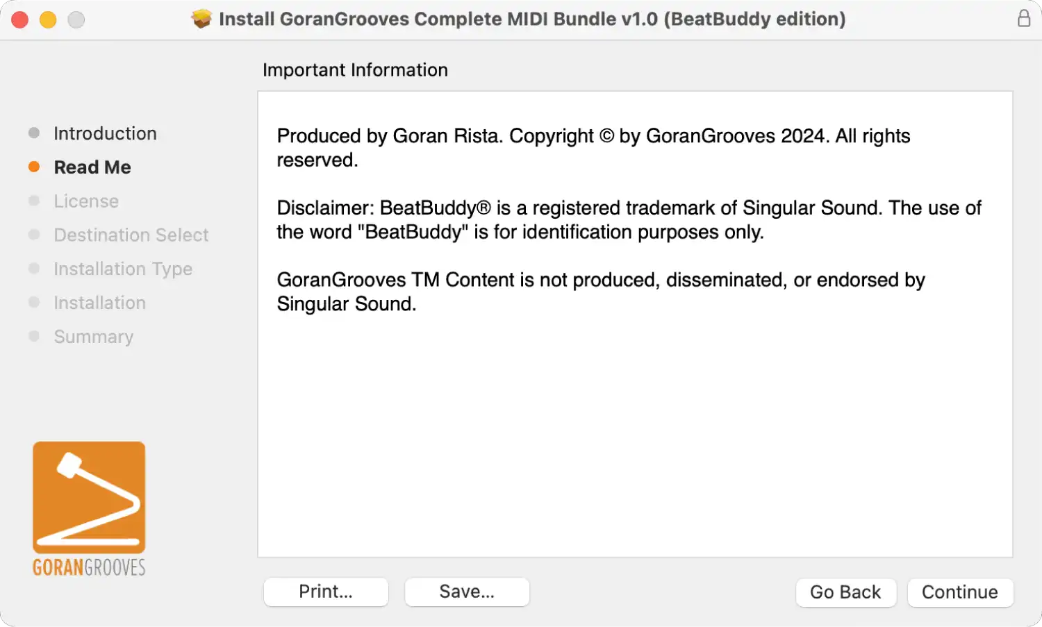 GoranGrooves Complete MIDI Bundle (BeatBuddy edition) installer for Mac displaying readme page with copyright info.