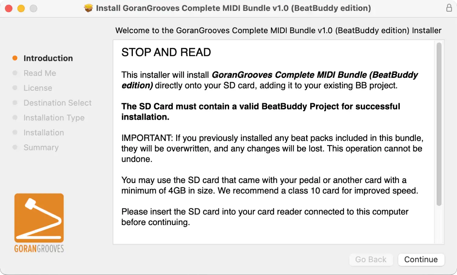 GoranGrooves Complete MIDI Bundle (BeatBuddy edition) installer for Mac displaying the welcome screen.