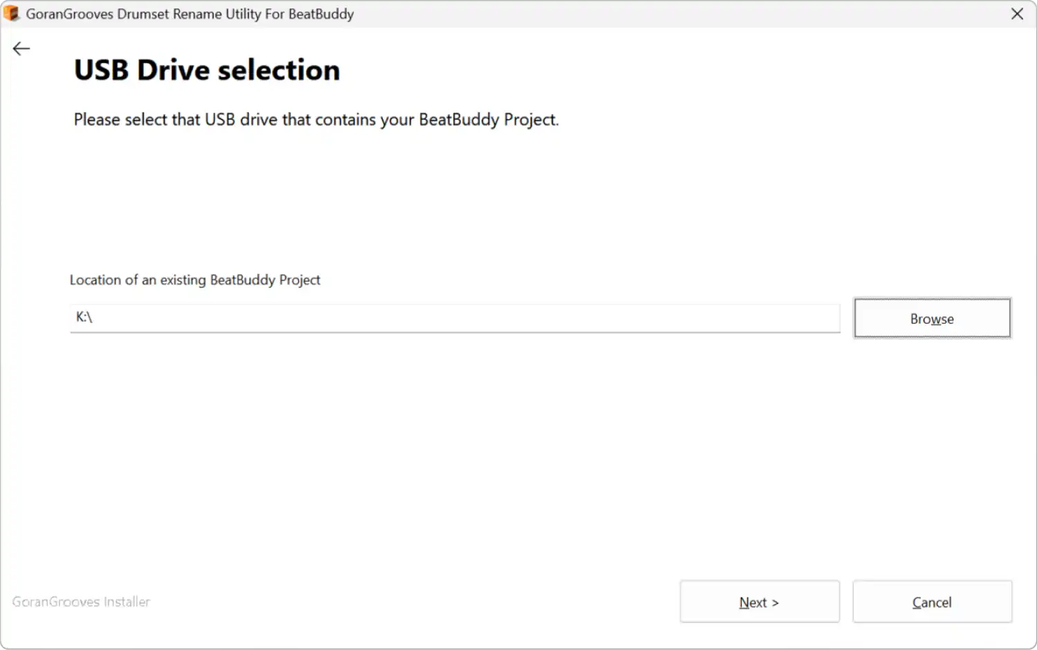 GoranGrooves Drumset Rename Utility screen 3- USB drive selection.