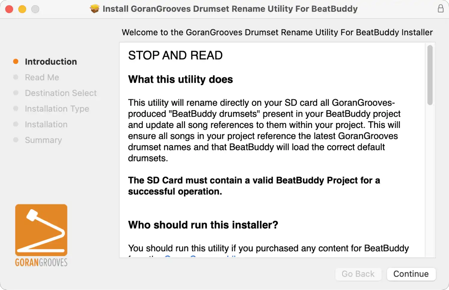 GoranGrooves Drumset Rename Utility for BeatBuddy Mac installer overview.