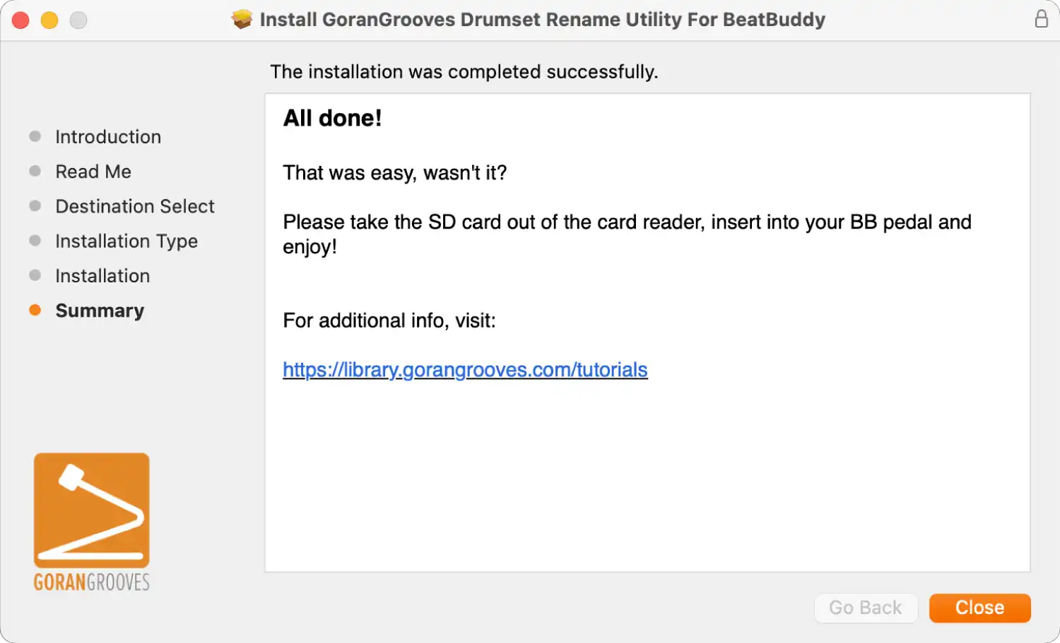 GoranGrooves Drumset Rename Utility for BeatBuddy Mac installer summary.