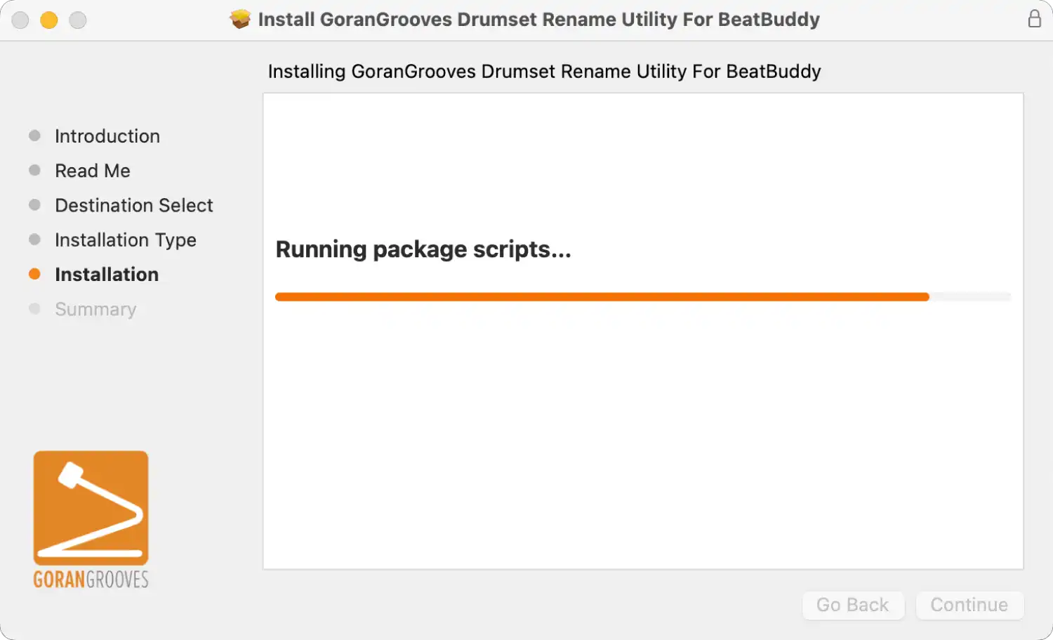 GoranGrooves Drumset Rename Utility for BeatBuddy Mac installer script progress.