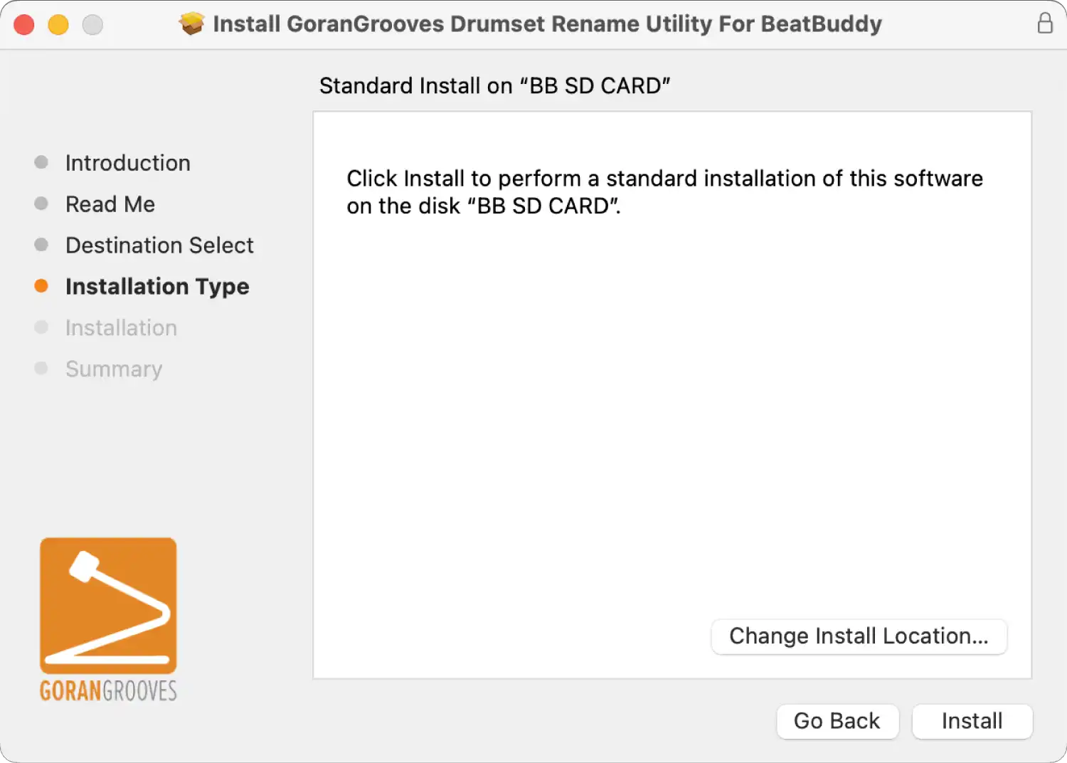 GoranGrooves Drumset Rename Utility for BeatBuddy Mac installer installation summary.