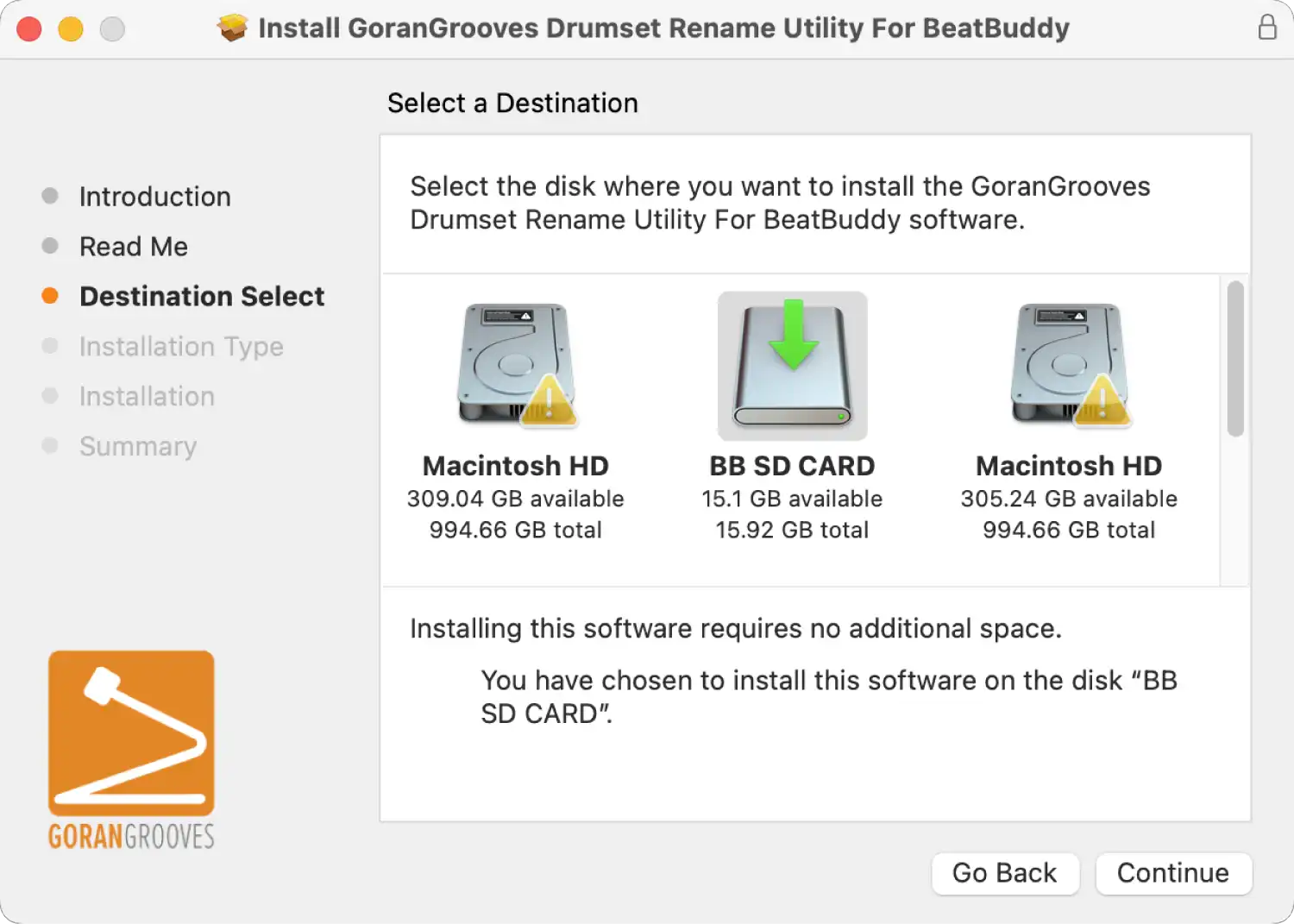 GoranGrooves Drumset Rename Utility for BeatBuddy Mac installer USB drive selection.