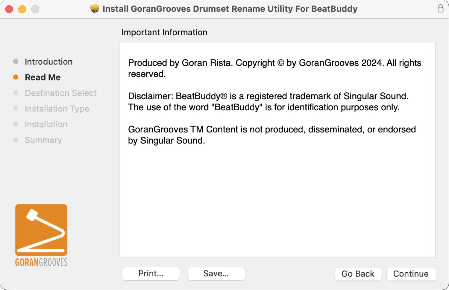 GoranGrooves Drumset Rename Utility for BeatBuddy Mac installer readme info.