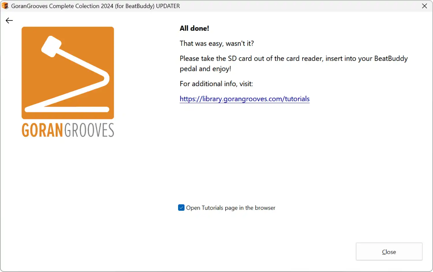 GoranGrooves Complete Collection 2024 for BeatBuddy updater installer dialog- summary.