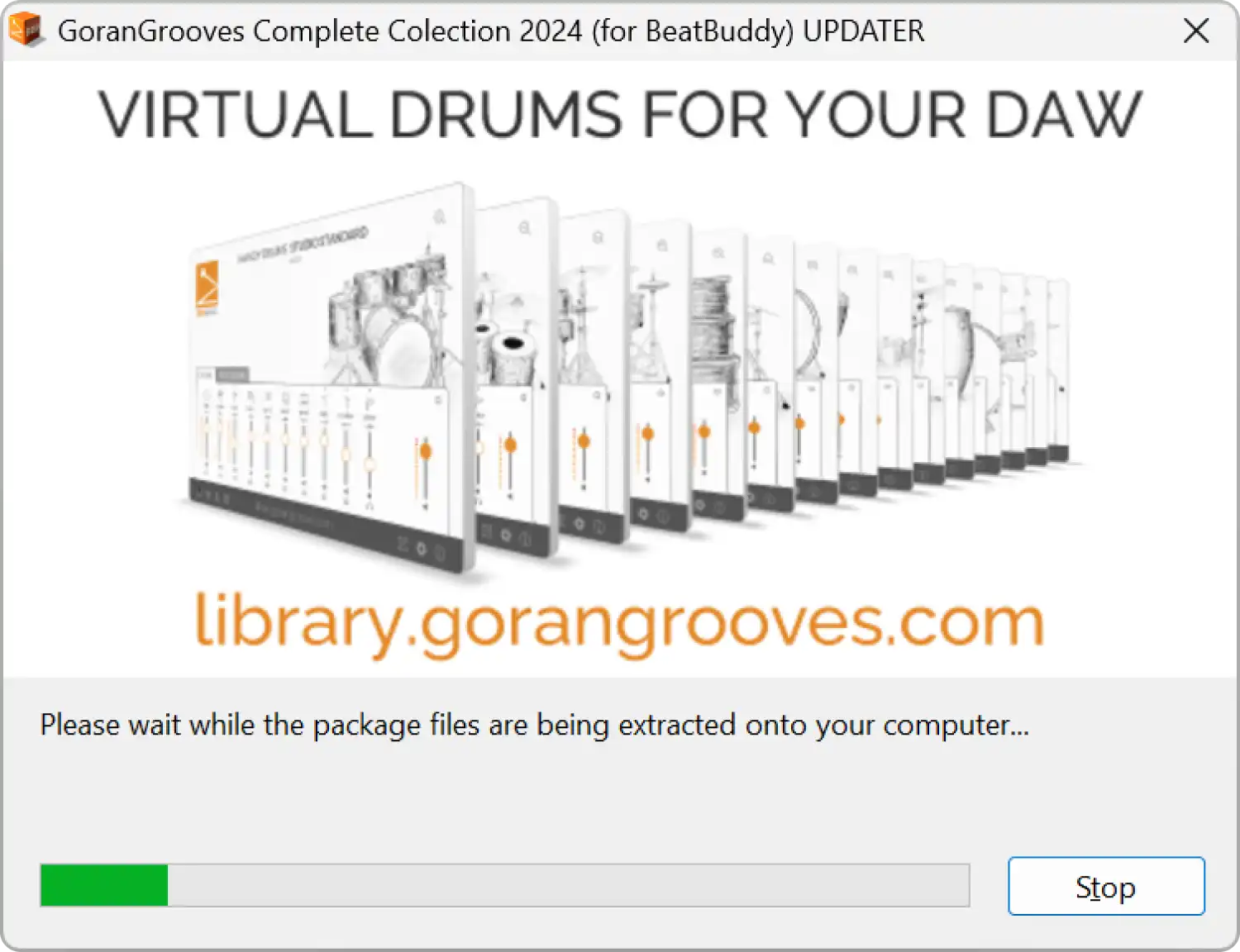 GoranGrooves Complete Collection 2024 for BeatBuddy updater installer dialog- installation progress splash screen.