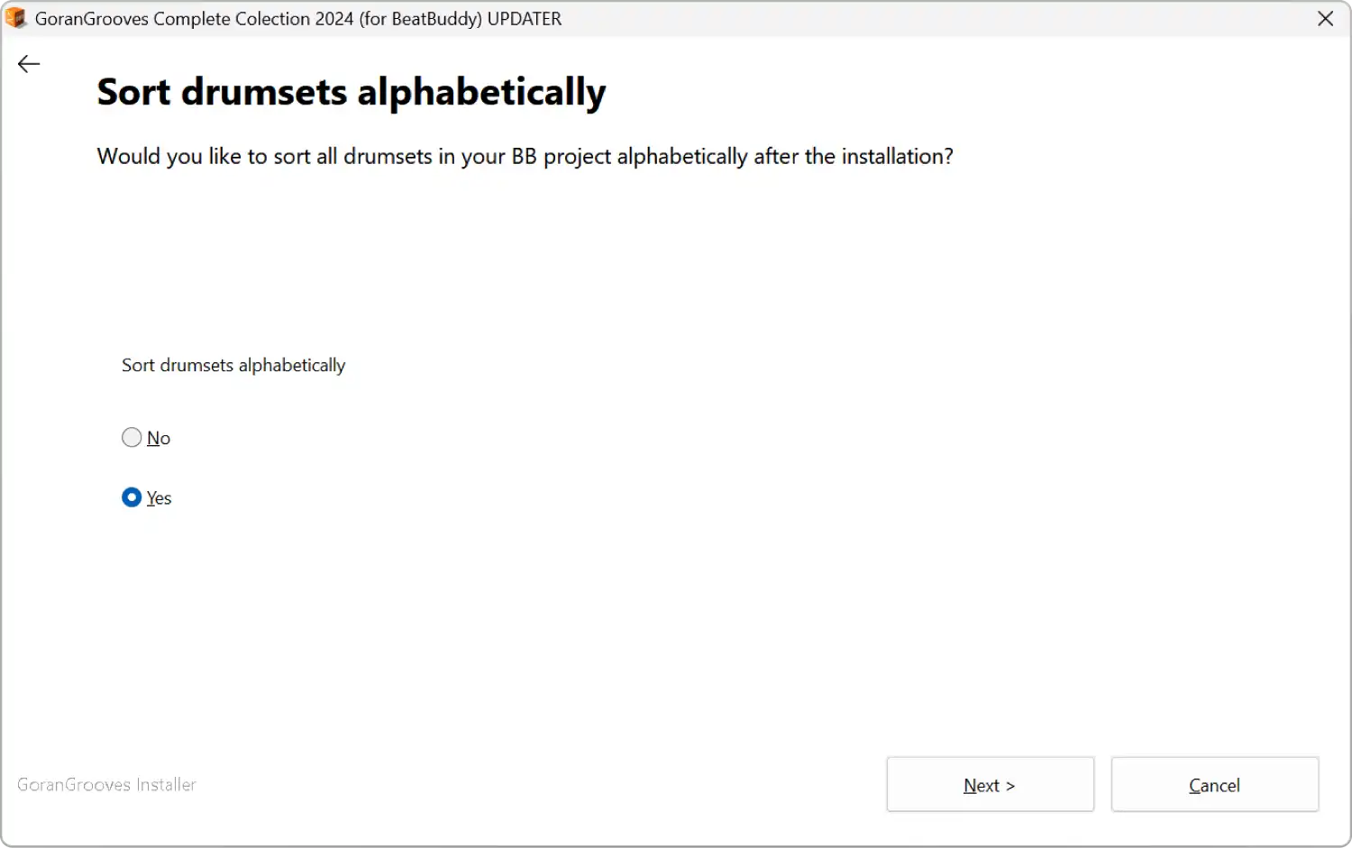 GoranGrooves Complete Collection 2024 for BeatBuddy updater installer dialog- sort drumsets alphabetically prompt.