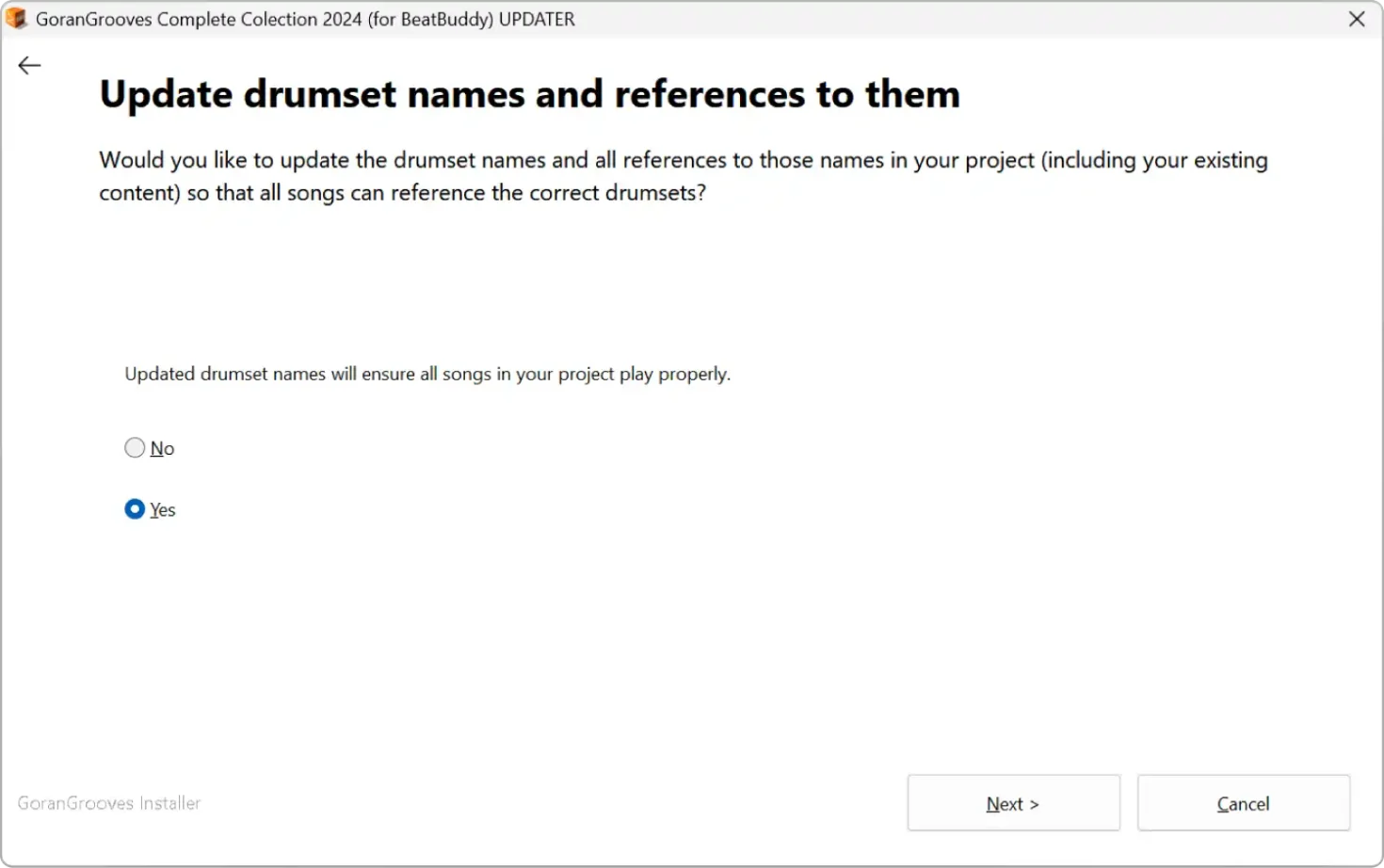 GoranGrooves Complete Collection 2024 for BeatBuddy updater installer dialog- update default drumset names prompt.