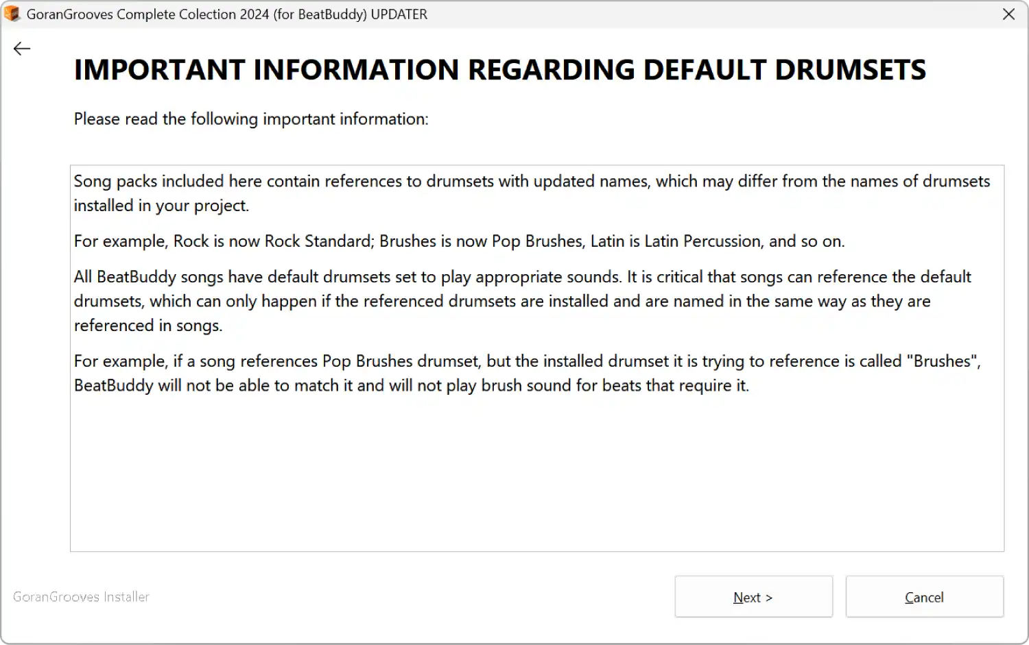 GoranGrooves Complete Collection 2024 for BeatBuddy updater installer dialog- important info regarding default drumset names.