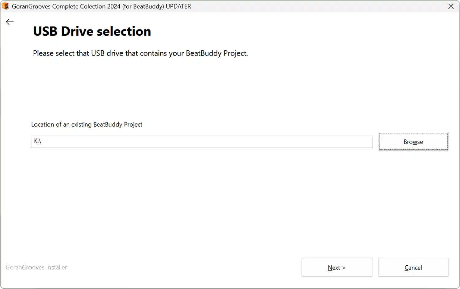 GoranGrooves Complete Collection 2024 for BeatBuddy updater installer dialog- USB drive selected.