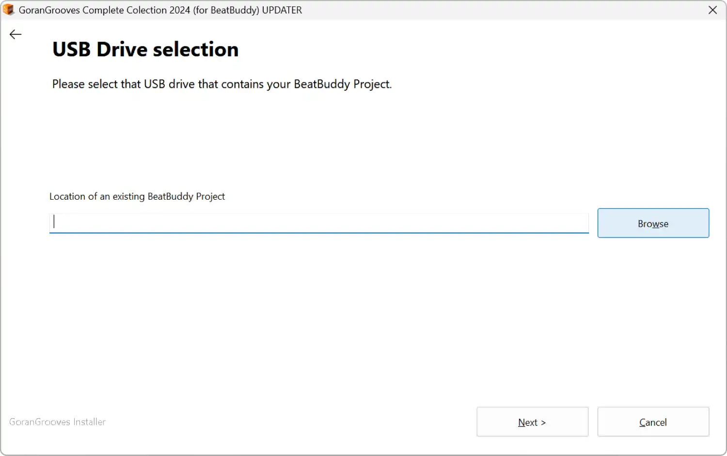 GoranGrooves Complete Collection 2024 for BeatBuddy updater installer dialog- USB drive selection.