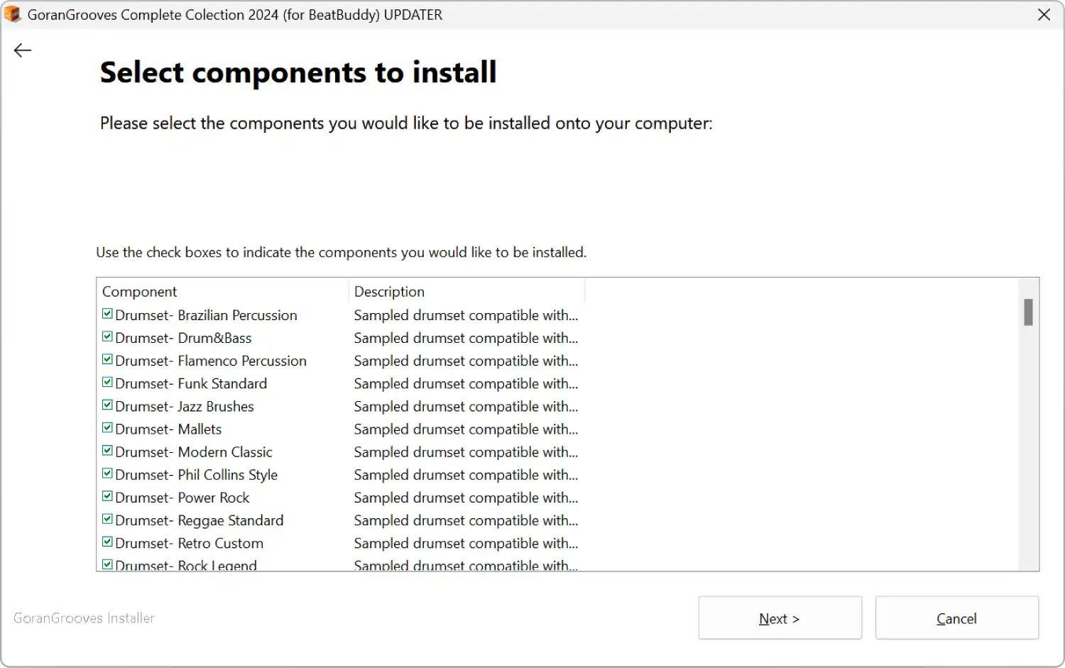 GoranGrooves Complete Collection 2024 for BeatBuddy updater installer dialog- components selection.