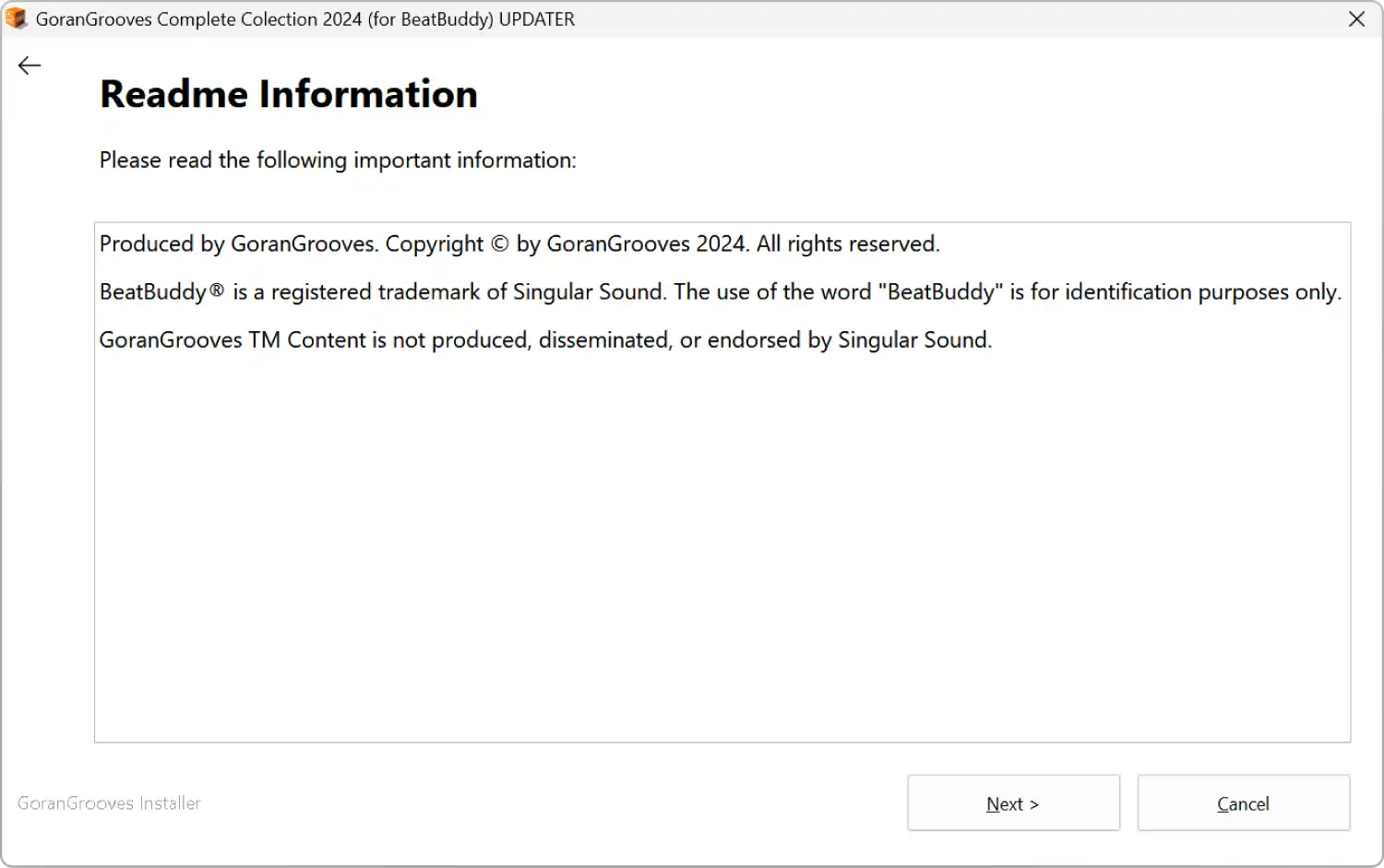 GoranGrooves Complete Collection 2024 for BeatBuddy installer dialog- readme info.