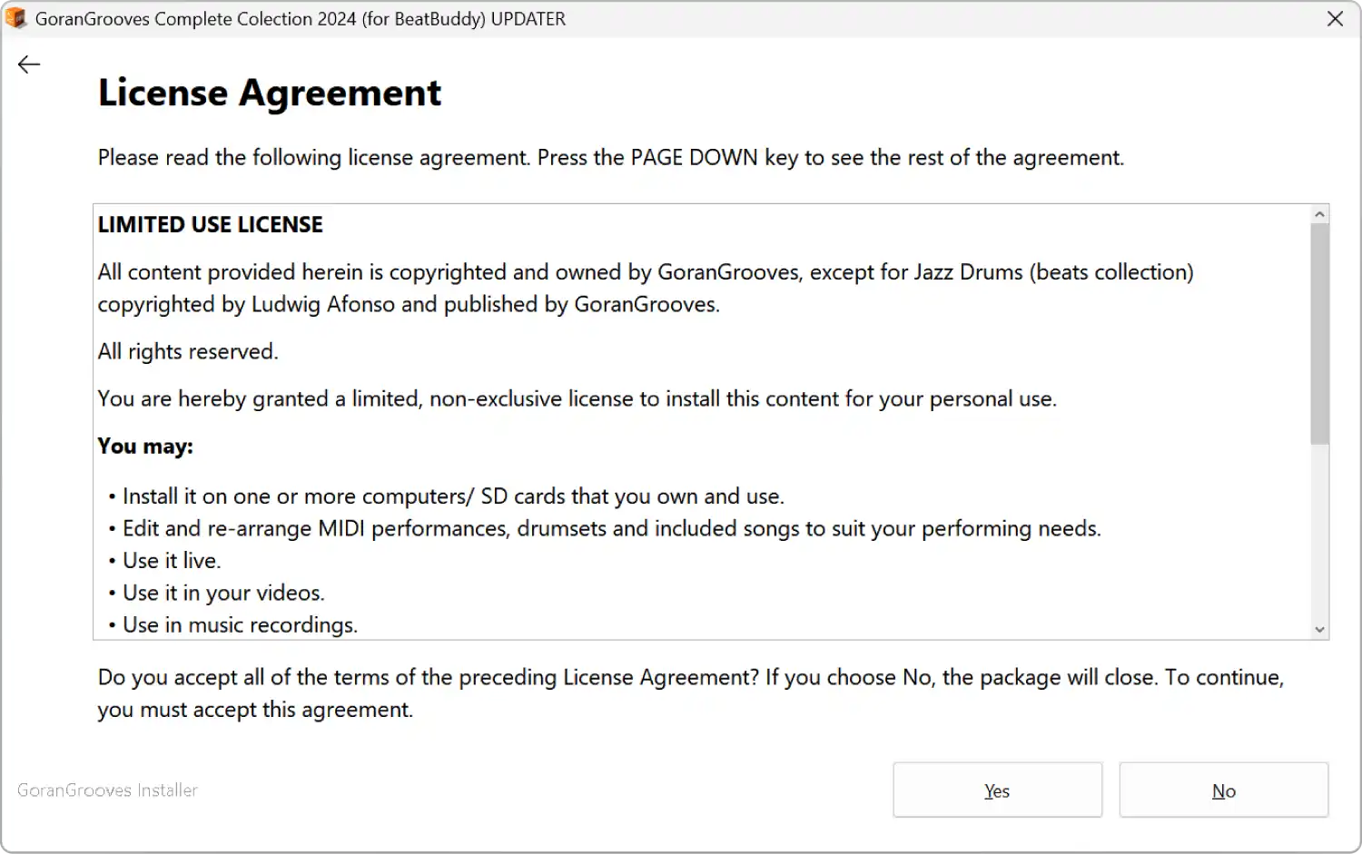 GoranGrooves Complete Collection 2024 for BeatBuddy updater installer dialog- license agreement.