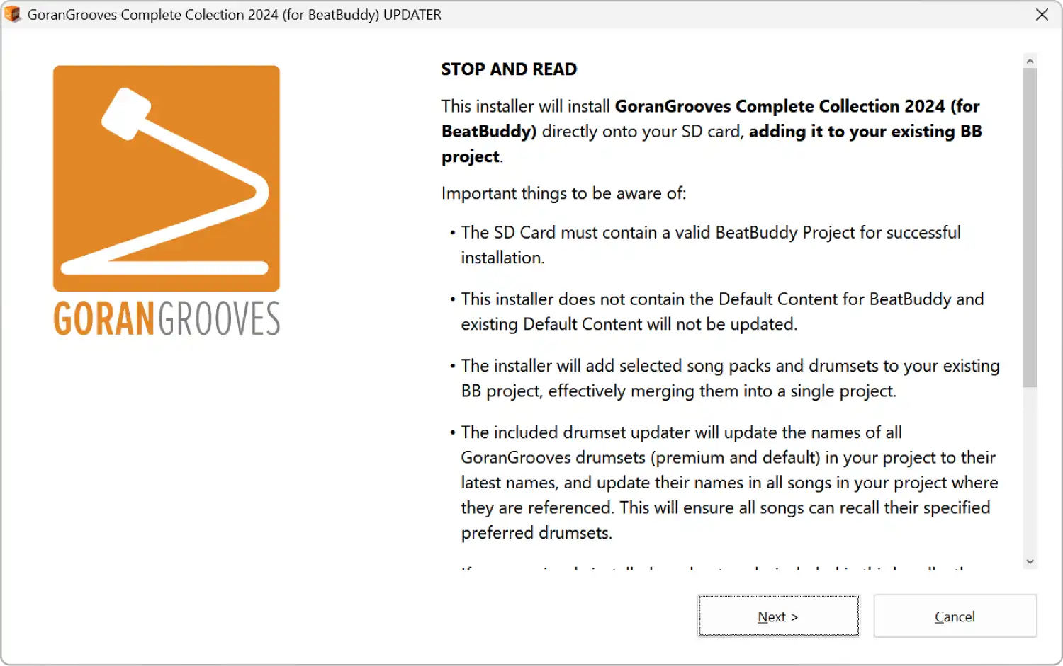 GoranGrooves Complete Collection 2024 for BeatBuddy updater installer dialog- overview.