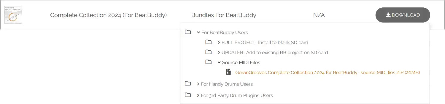 GoranGrooves Library My Account downloads popup selection showing Complete Collection 2024 for BeatBuddy MacOS MIDI source files ZIP.