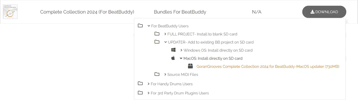 GoranGrooves Library My Account downloads popup selection showing Complete Collection 2024 for BeatBuddy MacOS updater installer.
