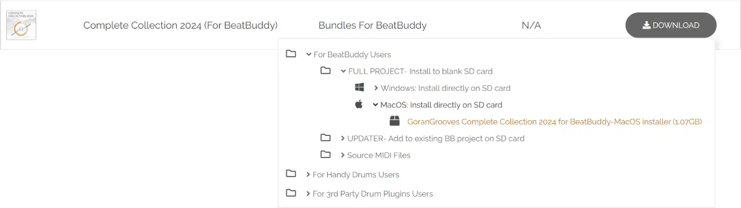 GoranGrooves Library My Account downloads popup selection showing Complete Collection 2024 for BeatBuddy MacOS full project installer.