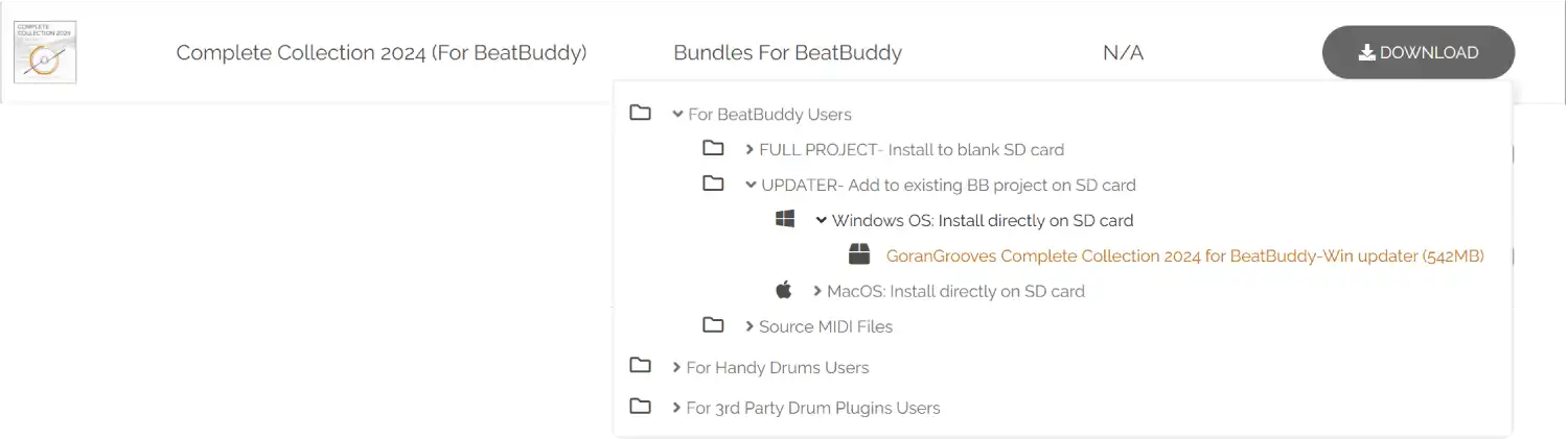 GoranGrooves Library My Account downloads popup selection showing Complete Collection 2024 for BeatBuddy Windows OS updater installer.