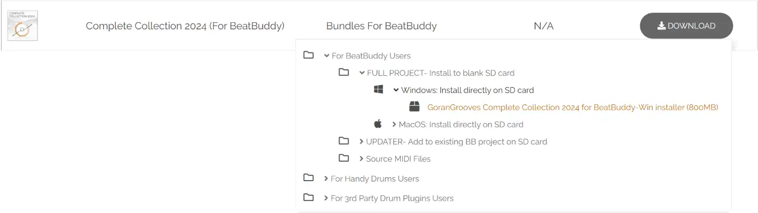 GoranGrooves Library My Account downloads popup selection showing Complete Collection 2024 for BeatBuddy Windows OS full project installer.