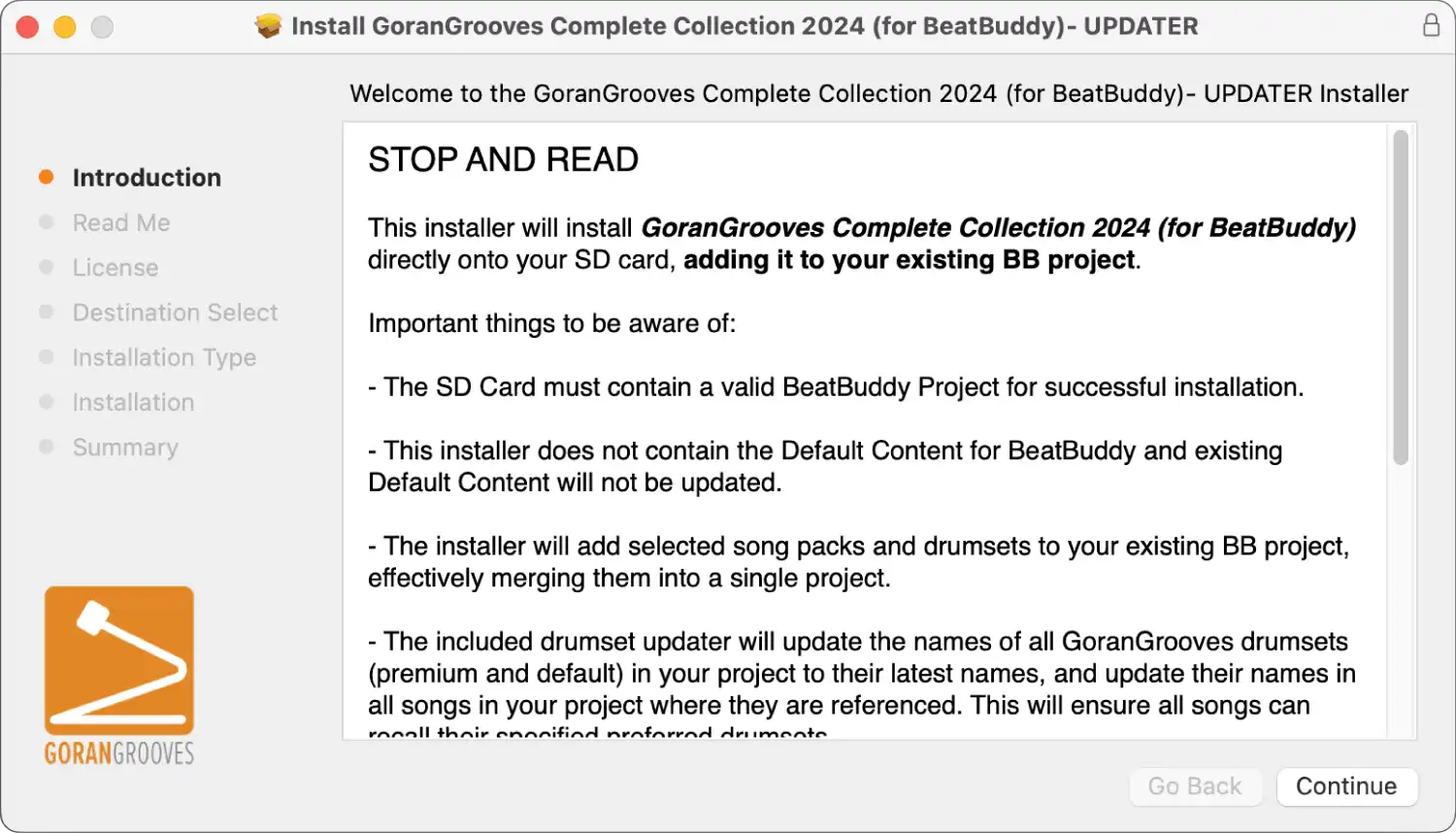 GoranGrooves Complete Collection for BeatBuddy updater Mac installer dialog- introductory overview.