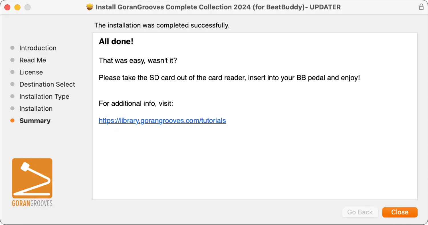 GoranGrooves Complete Collection for BeatBuddy updater Mac installer dialog- summary of installation.