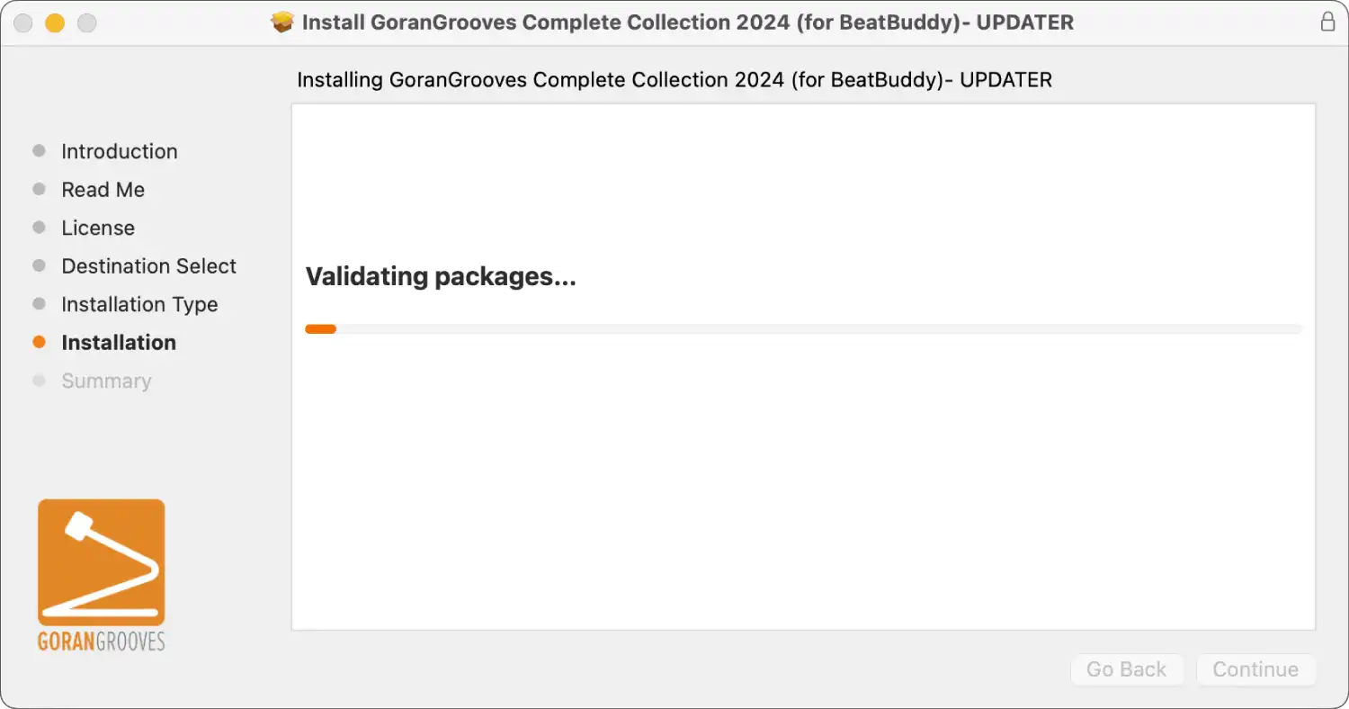 GoranGrooves Complete Collection for BeatBuddy updater Mac installer dialog- installation progress.