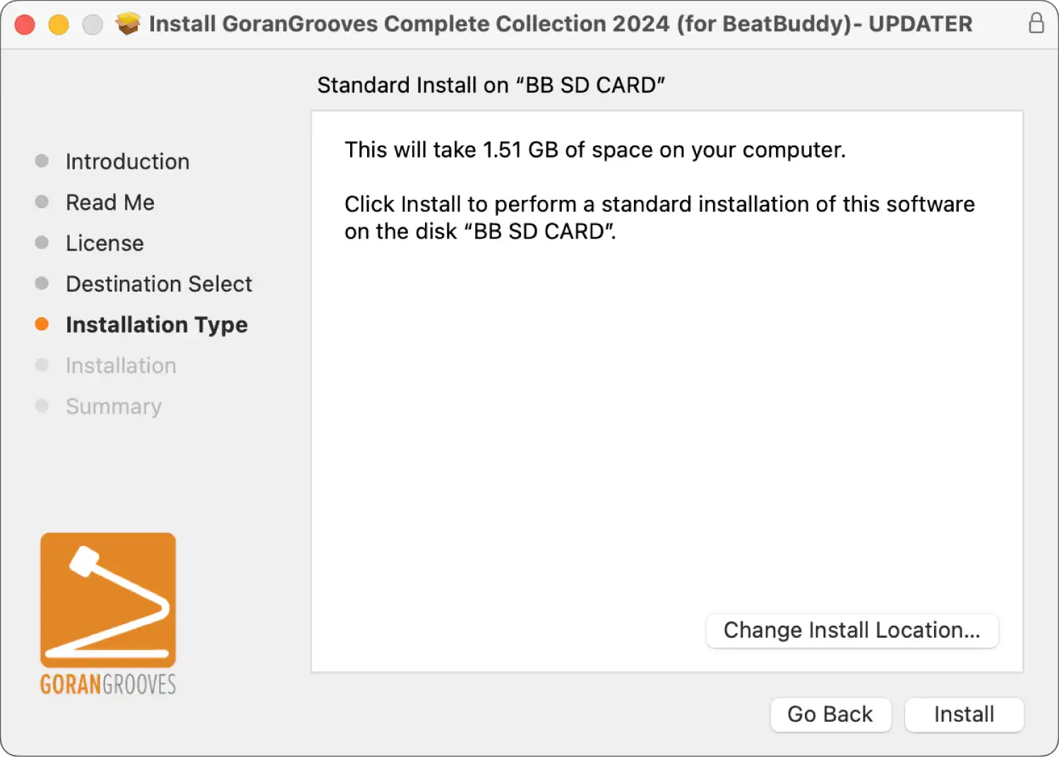 GoranGrooves Complete Collection for BeatBuddy updater Mac installer dialog-installation type summary.