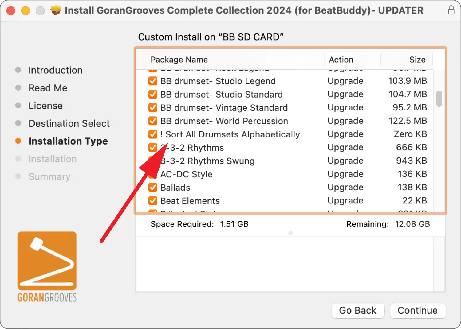 GoranGrooves Complete Collection for BeatBuddy updater Mac installer dialog- installation type selecting with a red arrow pointing to an optional script for sorting all drumsets alphabetically.