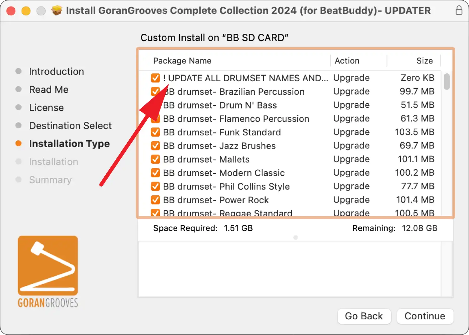 GoranGrooves Complete Collection for BeatBuddy updater Mac installer dialog- installation type with a red arrow pointing to an optional script to update all default drumset names.