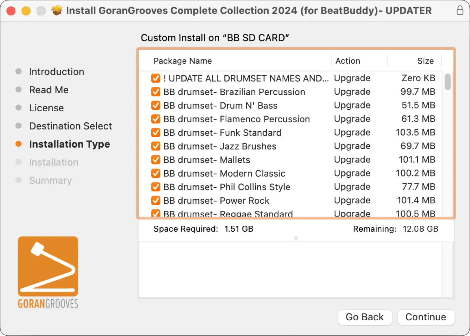 GoranGrooves Complete Collection for BeatBuddy updater Mac installer dialog- installation type allowing to select individual BeatBuddy drumsets and songs.