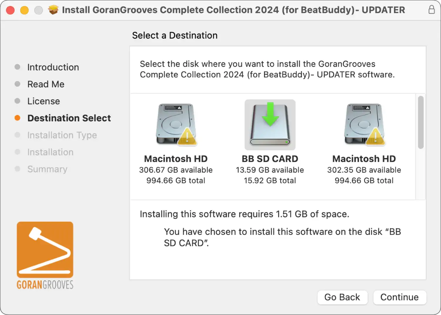 GoranGrooves Complete Collection for BeatBuddy updater Mac installer dialog- USB drive destination selection.