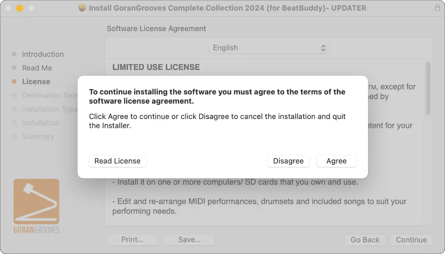 GoranGrooves Complete Collection for BeatBuddy updater Mac installer dialog- license agreement prompt.