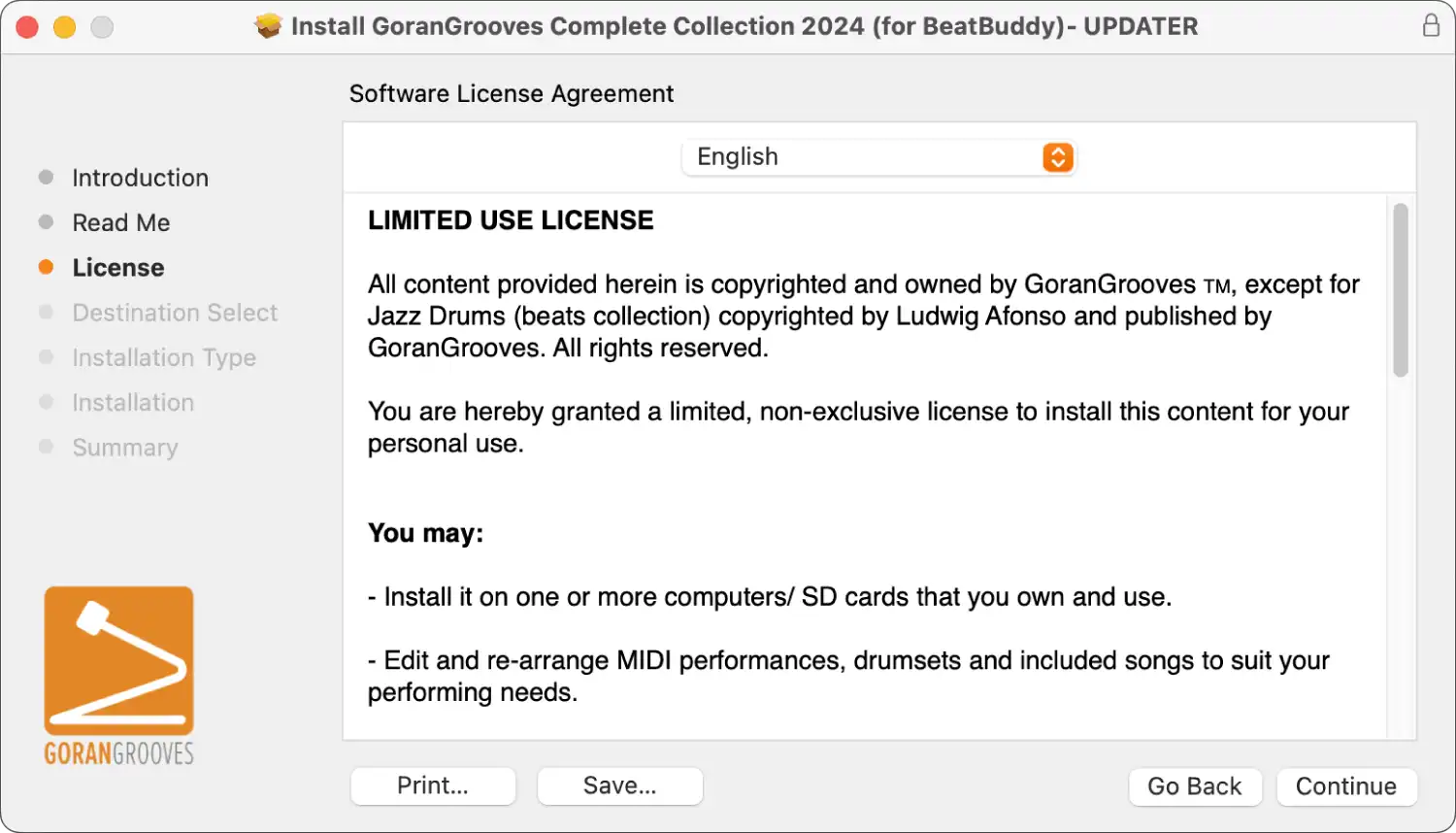 GoranGrooves Complete Collection for BeatBuddy updater Mac installer dialog- license agreement.