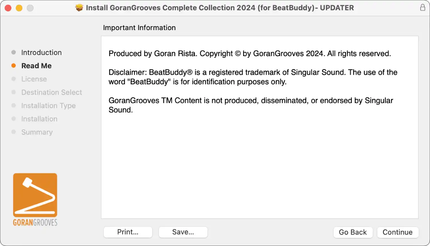 GoranGrooves Complete Collection for BeatBuddy updater Mac installer dialog- readme info.