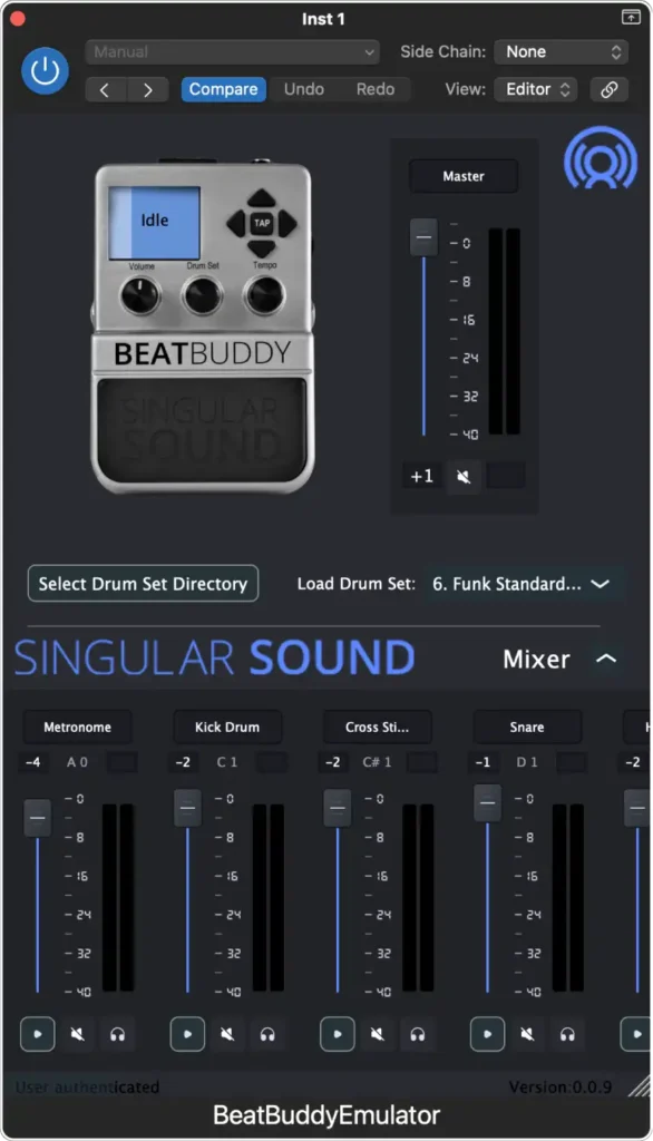 Singular Sound's BeatBuddy Plugin GUI, compact view: showing virtual pedal, faders, audio buttons, solo and mute buttons.