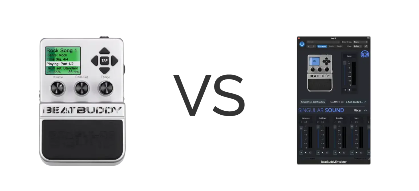 BeatBuddy pedal on the left, versus BeatBuddy plugin on the right, comparison.