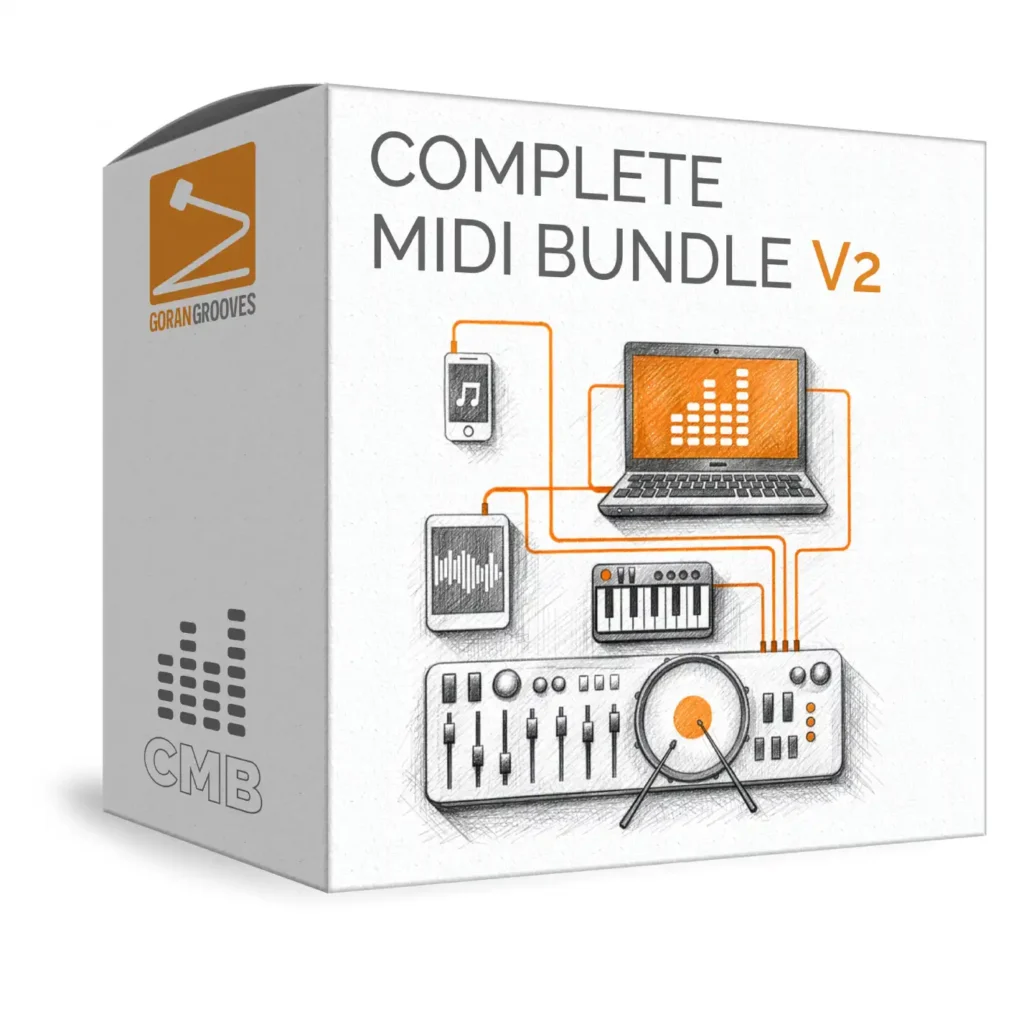 Product image 3d box: a hand-drawn image of a laptop computer, tablet and a mobile phone connected to several peripheral devices for music making.
