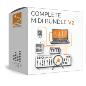 Product image 3d box: a hand-drawn image of a laptop computer, tablet and a mobile phone connected to several peripheral devices for music making.