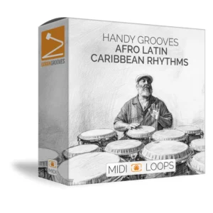 Product artwork 3d box- a hand-drawn image of a conguero with a beard and a hat playing a lot of congas.