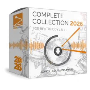 3d product box for Complete Collection 2026, displaying a hand-drawn collage of percussion instruments and beatbuddy pedals.