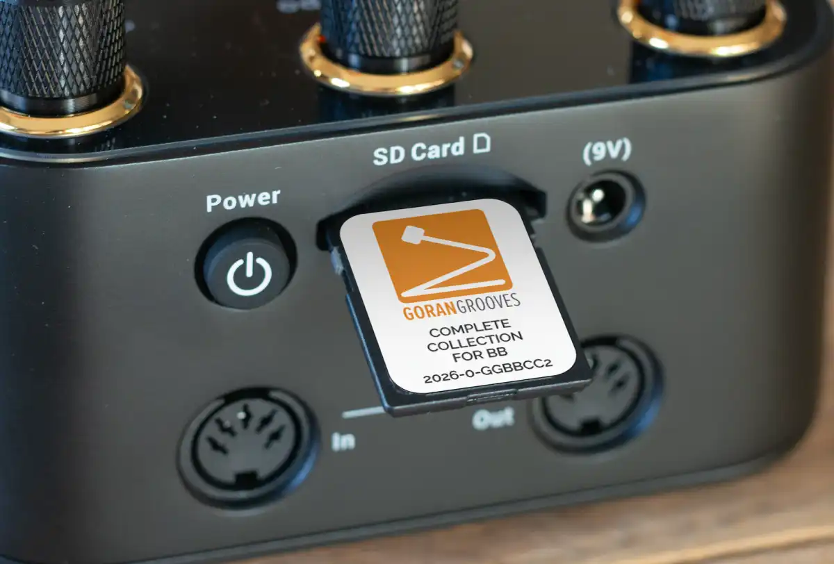GoranGrooves Complete Collection 2026 on SD card protruding out of BeatBuddy 2